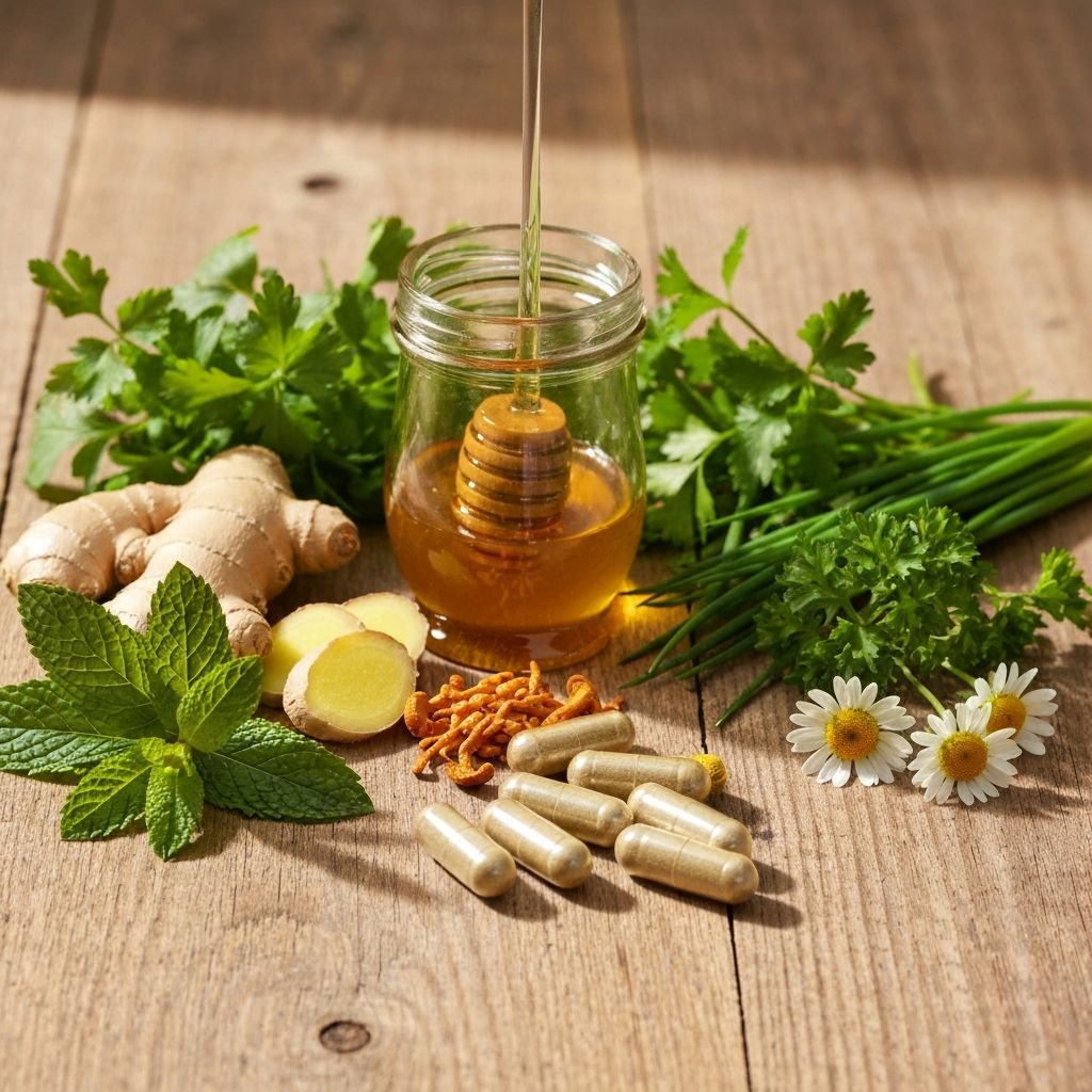 Natural ingredients arranged on wooden surface